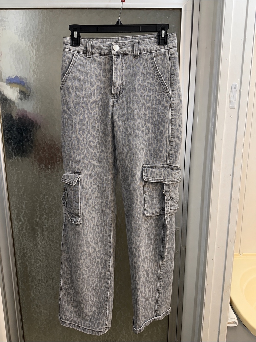 Gray Leopard-Print Wide Leg Cargo Jeans